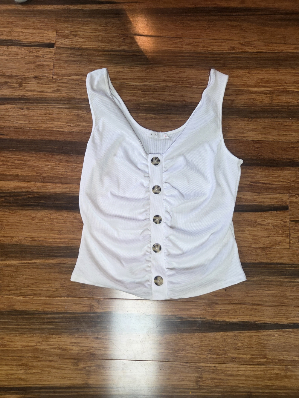 LUSH White Ruched Button-Front Ribbed Tank Top